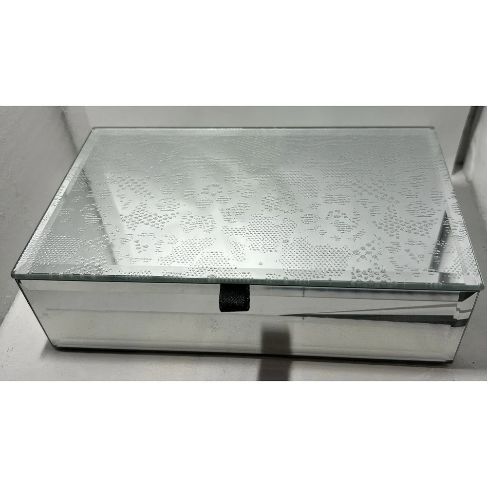 Tahari Home Etched Beveled Mirror Glass Velvet Lined Jewelry Box Flowers